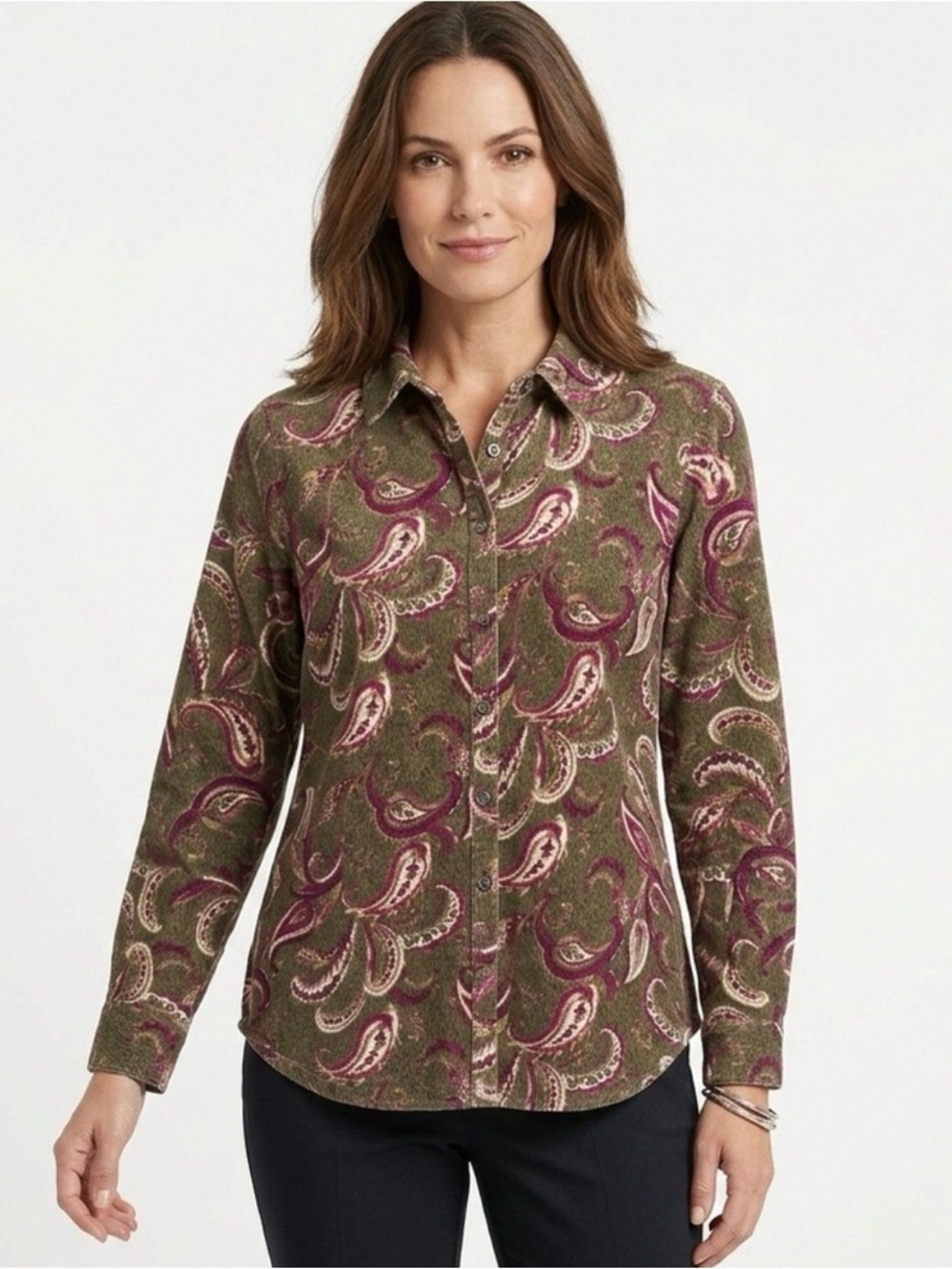 Chico's paisley print green corduroy shirt styled as a lightweight jacket SZ1